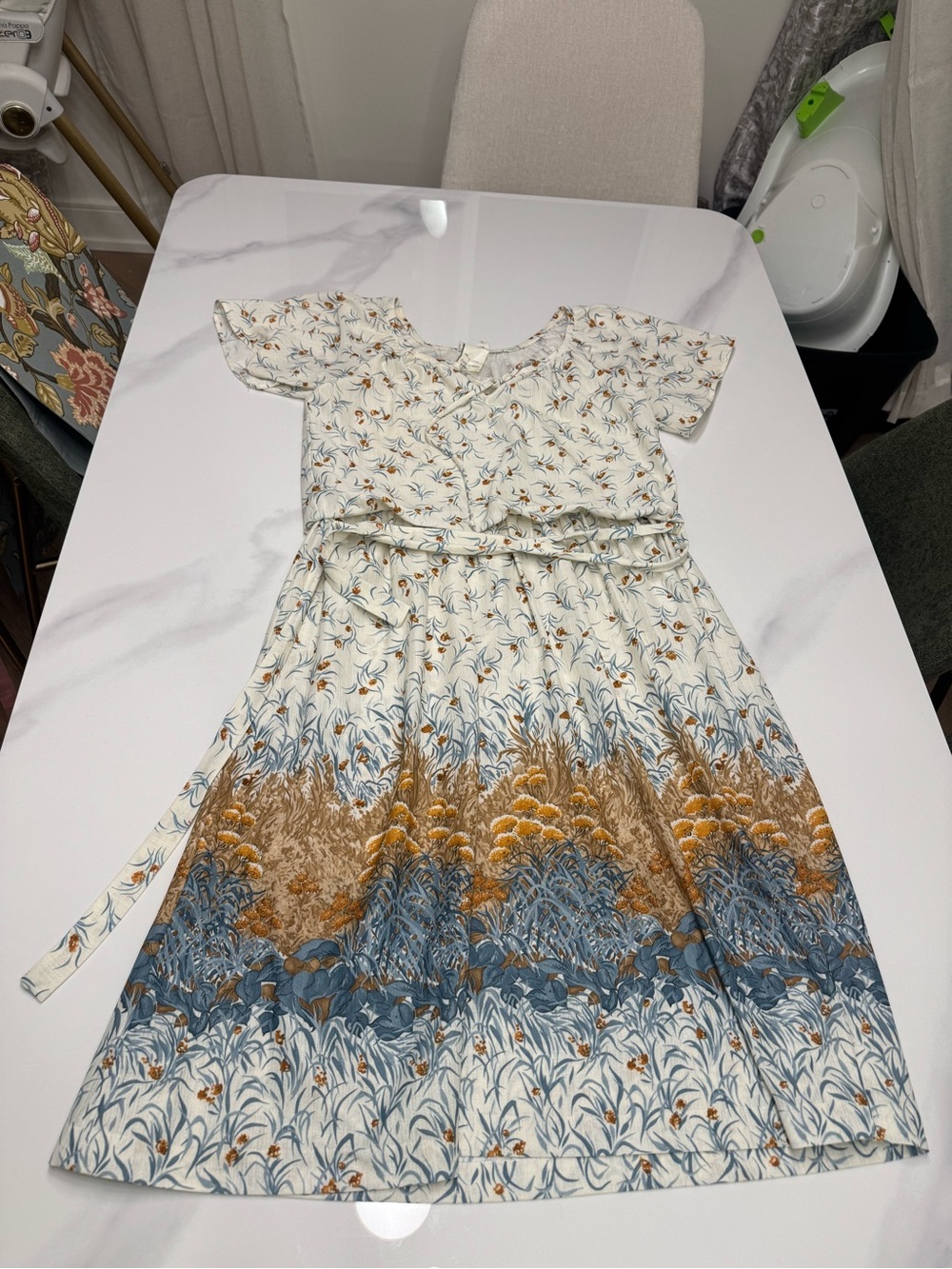 Vintage Women’s Midi Floral Print Dress in Cream and Blue by Pussycat Carla Jane